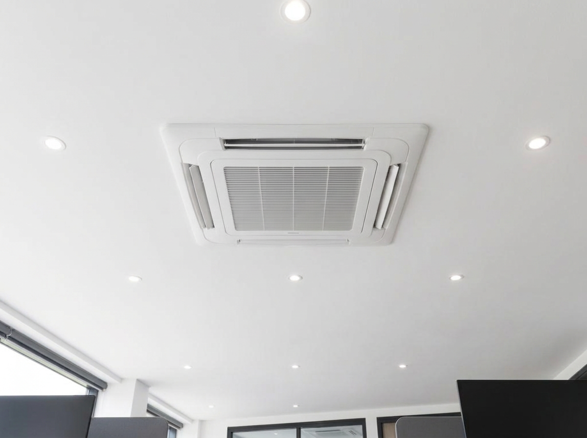 Cassette de climatisation encastrée dans un faux plafond, vue en contre-plongée